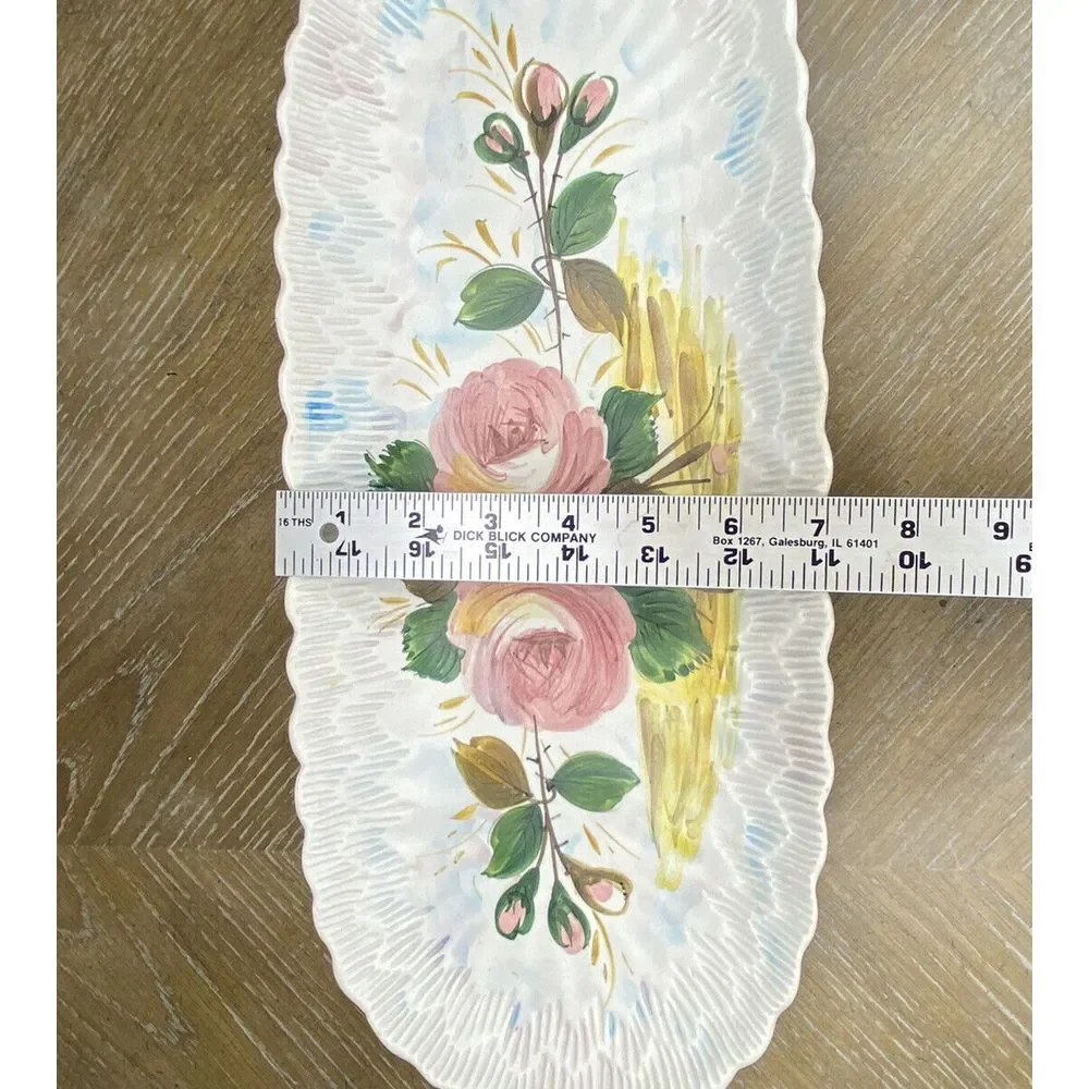Vintage Italy Rose Painted Tray Ceramic Serving Dish Oblong Textured Cottagecore